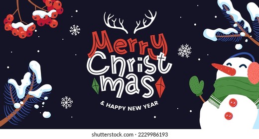 Merry Christmas horizontal banner design with lettering and winter decoration elements. Christmas greeting card in cartoon style. Winter holidays background. Vector illustration.