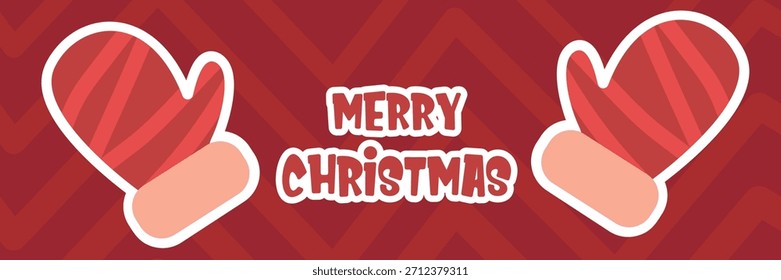 Diseño Horizontal del Vector del Anuncio y del volante de las Navidades felices con los niños lindos mitones rojos calientes en el fondo geométrico abstracto rojo y el texto del saludo. Anuncio de dibujos animados de Navidades alegres de Vector con guantes
