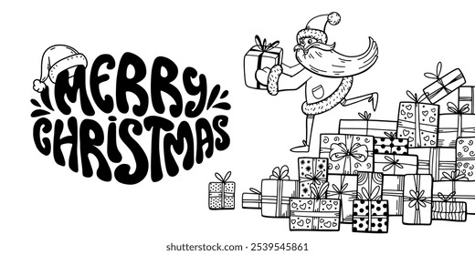 Merry Christmas horizontal banner. Funny Santa Claus and many gifts. Hand written Groovy lettering. Festive color doodle background. For invitation, congratulation, web, cards. Vector illustration.