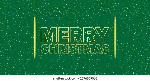 Merry Christmas horizontal banner with neon greeting text on green night sky background. Merry Christmas flyer, card or invitation with starry space and text