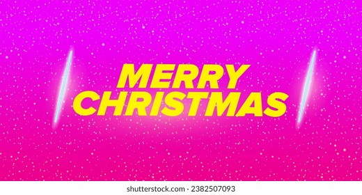 Merry Christmas horizontal banner with neon greeting text on pink night sky background. Merry Christmas flyer, card or invitation with starry space and text