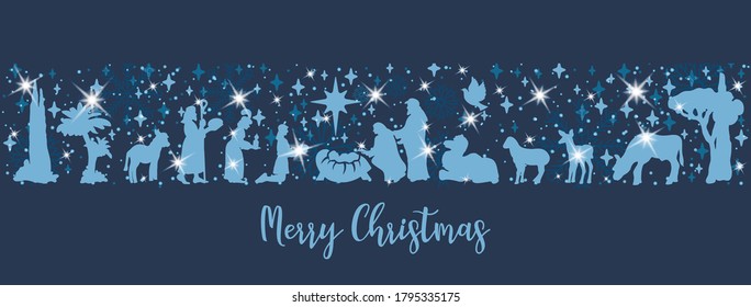 Merry Christmas horizontal banner with Nightly christmas cribe with Mary and Joseph with baby Jesus. Donkey and sheep with spark and snowflake. Vector Illustration