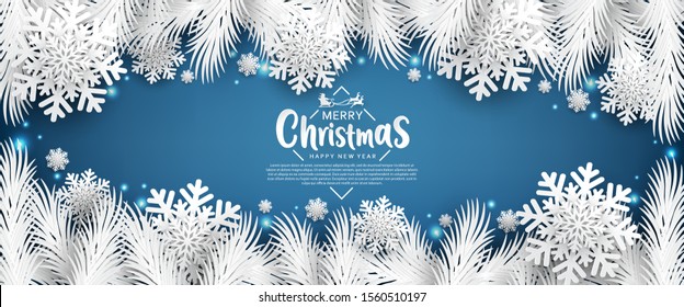 Merry Christmas Horizontal banner with Paper art Christmas tree, snowflake. Great for flyers, posters, headers. Vector illustration.