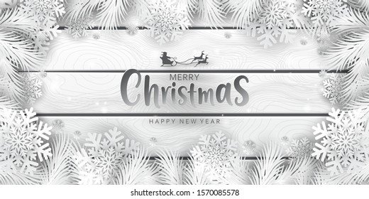 Merry Christmas Horizontal banner with Paper art Christmas tree, snowflake on Wood background. Great for flyers, posters, headers. Vector illustration.