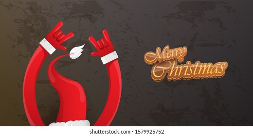 Merry christmas horizontal banner with Santa Claus rock n roll style and santa red hat isolated on grunge grey wall background. Christmas hipster Rock n roll party poster or flyer design template.