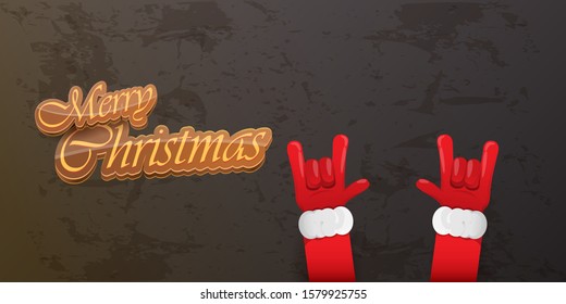 Merry christmas horizontal banner with Santa Claus rock n roll style and santa red hat isolated on grunge grey wall background. Christmas hipster Rock n roll party poster or flyer design template.