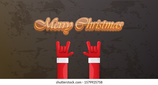 Merry christmas horizontal banner with Santa Claus rock n roll style and santa red hat isolated on grunge grey wall background. Christmas hipster Rock n roll party poster or flyer design template.