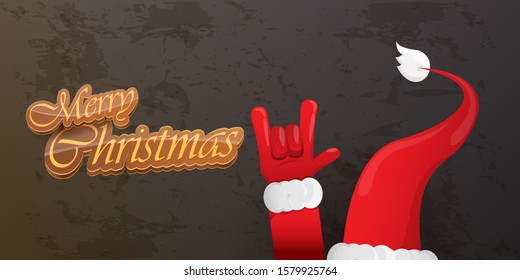 Merry christmas horizontal banner with Santa Claus rock n roll style and santa red hat isolated on grunge grey wall background. Christmas hipster Rock n roll party poster or flyer design template.