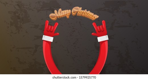 Merry christmas horizontal banner with Santa Claus rock n roll style and santa red hat isolated on grunge grey wall background. Christmas hipster Rock n roll party poster or flyer design template.