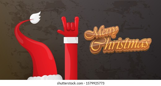 Merry christmas horizontal banner with Santa Claus rock n roll style and santa red hat isolated on grunge grey wall background. Christmas hipster Rock n roll party poster or flyer design template.