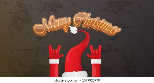 Merry christmas horizontal banner with Santa Claus rock n roll style and santa red hat isolated on grunge grey wall background. Christmas hipster Rock n roll party poster or flyer design template.