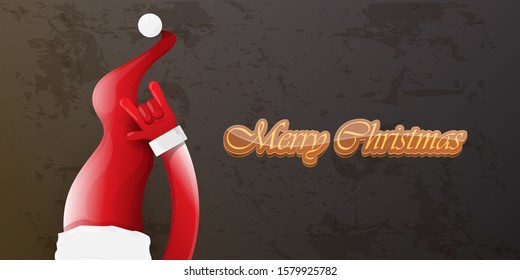 Merry christmas horizontal banner with Santa Claus rock n roll style and santa red hat isolated on grunge grey wall background. Christmas hipster Rock n roll party poster or flyer design template.