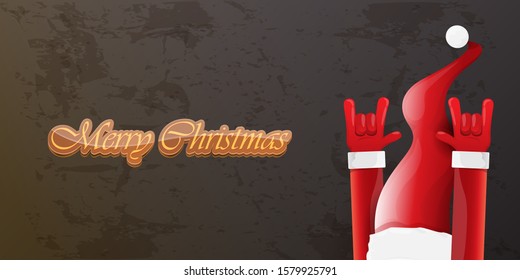 Merry christmas horizontal banner with Santa Claus rock n roll style and santa red hat isolated on grunge grey wall background. Christmas hipster Rock n roll party poster or flyer design template.