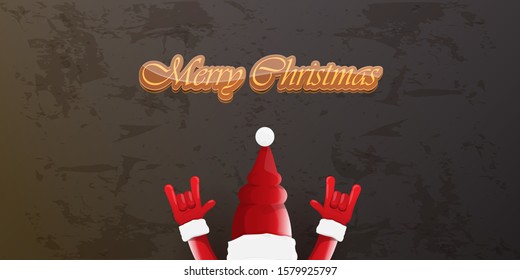 Merry christmas horizontal banner with Santa Claus rock n roll style and santa red hat isolated on grunge grey wall background. Christmas hipster Rock n roll party poster or flyer design template.