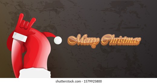 Merry christmas horizontal banner with Santa Claus rock n roll style and santa red hat isolated on grunge grey wall background. Christmas hipster Rock n roll party poster or flyer design template.