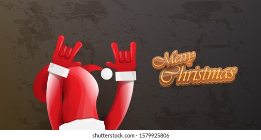 Merry christmas horizontal banner with Santa Claus rock n roll style and santa red hat isolated on grunge grey wall background. Christmas hipster Rock n roll party poster or flyer design template.