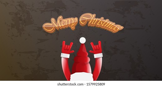 Merry christmas horizontal banner with Santa Claus rock n roll style and santa red hat isolated on grunge grey wall background. Christmas hipster Rock n roll party poster or flyer design template.