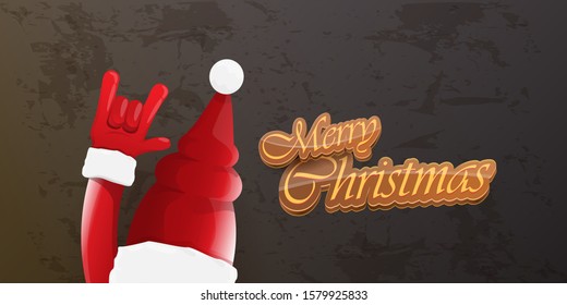 Merry christmas horizontal banner with Santa Claus rock n roll style and santa red hat isolated on grunge grey wall background. Christmas hipster Rock n roll party poster or flyer design template.