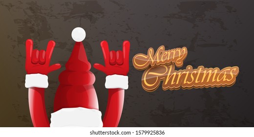 Merry christmas horizontal banner with Santa Claus rock n roll style and santa red hat isolated on grunge grey wall background. Christmas hipster Rock n roll party poster or flyer design template.