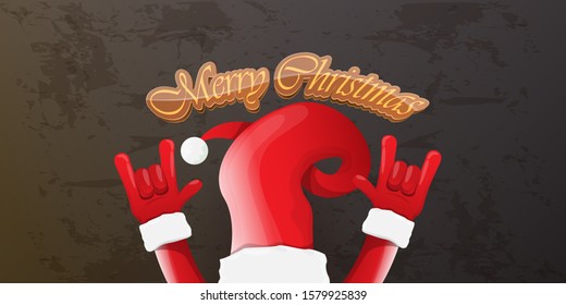 Merry christmas horizontal banner with Santa Claus rock n roll style and santa red hat isolated on grunge grey wall background. Christmas hipster Rock n roll party poster or flyer design template.