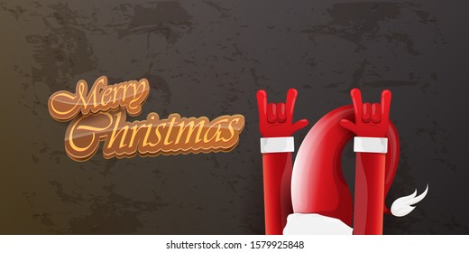 Merry christmas horizontal banner with Santa Claus rock n roll style and santa red hat isolated on grunge grey wall background. Christmas hipster Rock n roll party poster or flyer design template.