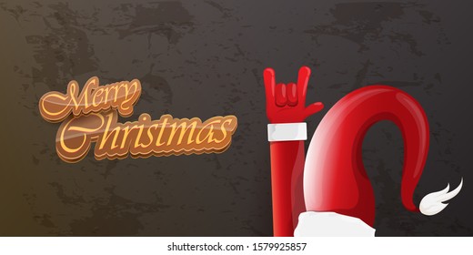Merry christmas horizontal banner with Santa Claus rock n roll style and santa red hat isolated on grunge grey wall background. Christmas hipster Rock n roll party poster or flyer design template.