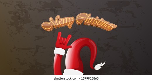 Merry christmas horizontal banner with Santa Claus rock n roll style and santa red hat isolated on grunge grey wall background. Christmas hipster Rock n roll party poster or flyer design template.