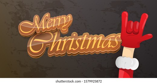 Merry christmas horizontal banner with Santa Claus rock n roll style and santa red hat isolated on grunge grey wall background. Christmas hipster Rock n roll party poster or flyer design template.