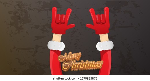 Merry christmas horizontal banner with Santa Claus rock n roll style and santa red hat isolated on grunge grey wall background. Christmas hipster Rock n roll party poster or flyer design template.