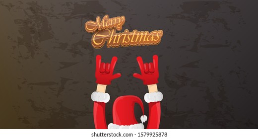 Merry christmas horizontal banner with Santa Claus rock n roll style and santa red hat isolated on grunge grey wall background. Christmas hipster Rock n roll party poster or flyer design template.