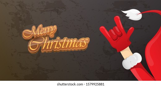 Merry christmas horizontal banner with Santa Claus rock n roll style and santa red hat isolated on grunge grey wall background. Christmas hipster Rock n roll party poster or flyer design template.