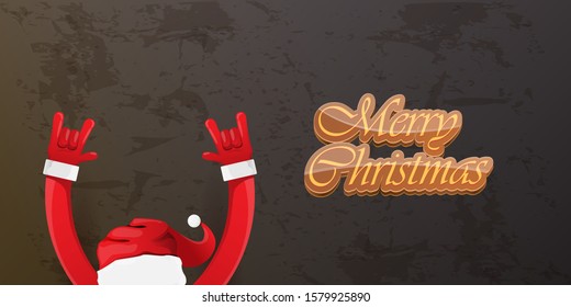 Merry christmas horizontal banner with Santa Claus rock n roll style and santa red hat isolated on grunge grey wall background. Christmas hipster Rock n roll party poster or flyer design template.