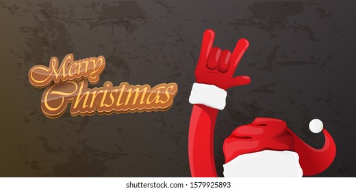 Merry christmas horizontal banner with Santa Claus rock n roll style and santa red hat isolated on grunge grey wall background. Christmas hipster Rock n roll party poster or flyer design template.