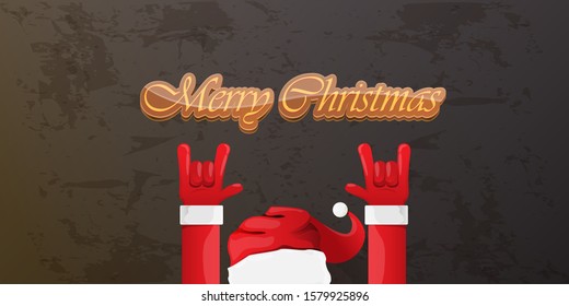 Merry christmas horizontal banner with Santa Claus rock n roll style and santa red hat isolated on grunge grey wall background. Christmas hipster Rock n roll party poster or flyer design template.