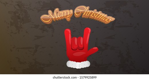 Merry christmas horizontal banner with Santa Claus rock n roll style and santa red hat isolated on grunge grey wall background. Christmas hipster Rock n roll party poster or flyer design template.