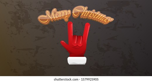 Merry christmas horizontal banner with Santa Claus rock n roll style and santa red hat isolated on grunge grey wall background. Christmas hipster Rock n roll party poster or flyer design template.