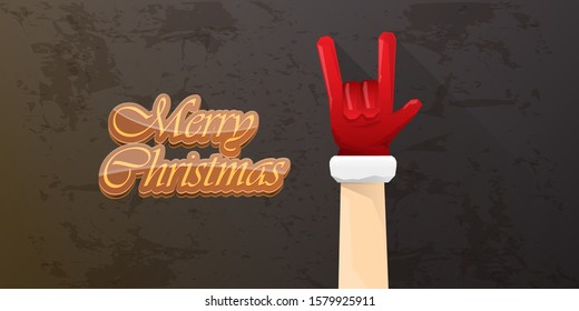 Merry christmas horizontal banner with Santa Claus rock n roll style and santa red hat isolated on grunge grey wall background. Christmas hipster Rock n roll party poster or flyer design template.