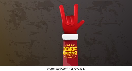 Merry christmas horizontal banner with Santa Claus rock n roll style and santa red hat isolated on grunge grey wall background. Christmas hipster Rock n roll party poster or flyer design template.