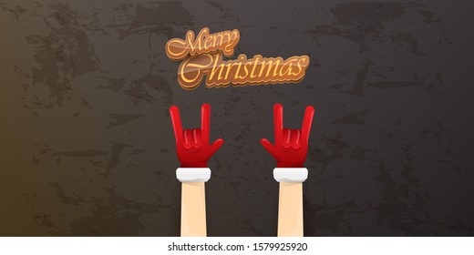 Merry christmas horizontal banner with Santa Claus rock n roll style and santa red hat isolated on grunge grey wall background. Christmas hipster Rock n roll party poster or flyer design template.