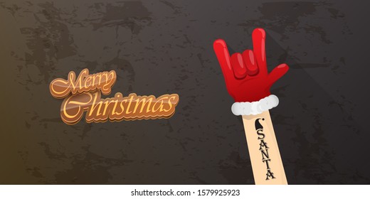 Merry christmas horizontal banner with Santa Claus rock n roll style and santa red hat isolated on grunge grey wall background. Christmas hipster Rock n roll party poster or flyer design template.