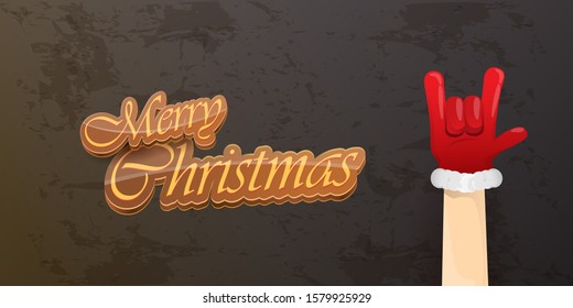 Merry christmas horizontal banner with Santa Claus rock n roll style and santa red hat isolated on grunge grey wall background. Christmas hipster Rock n roll party poster or flyer design template.