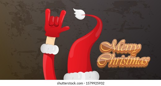 Merry christmas horizontal banner with Santa Claus rock n roll style and santa red hat isolated on grunge grey wall background. Christmas hipster Rock n roll party poster or flyer design template.
