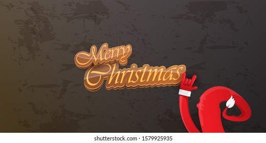 Merry christmas horizontal banner with Santa Claus rock n roll style and santa red hat isolated on grunge grey wall background. Christmas hipster Rock n roll party poster or flyer design template.