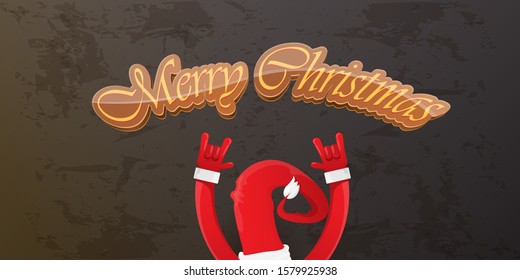 Merry christmas horizontal banner with Santa Claus rock n roll style and santa red hat isolated on grunge grey wall background. Christmas hipster Rock n roll party poster or flyer design template.