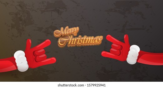 Merry christmas horizontal banner with Santa Claus rock n roll style and santa red hat isolated on grunge grey wall background. Christmas hipster Rock n roll party poster or flyer design template.