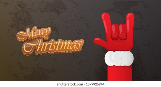 Merry christmas horizontal banner with Santa Claus rock n roll style and santa red hat isolated on grunge grey wall background. Christmas hipster Rock n roll party poster or flyer design template.