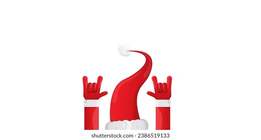 Merry christmas horizontal banner with Santa Claus rock n roll style and santa red hat isolated on white background. Merry Christmas hipster Rock n roll party poster or flyer design template.
