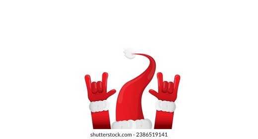 Merry christmas horizontal banner with Santa Claus rock n roll style and santa red hat isolated on white background. Merry Christmas hipster Rock n roll party poster or flyer design template.