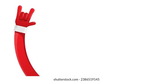 Merry christmas horizontal banner with Santa Claus rock n roll style and santa red hat isolated on white background. Merry Christmas hipster Rock n roll party poster or flyer design template.