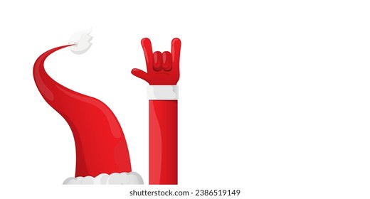 Merry christmas horizontal banner with Santa Claus rock n roll style and santa red hat isolated on white background. Merry Christmas hipster Rock n roll party poster or flyer design template.